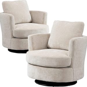 LUCKHAO Swivel Barrel Chair Set of 2, 31.9" W Chenille Round Swivel Accent Chairs for Living Room, Comfy Modern 360 Degree Swivel Club Chair, Armchair for Bedroom,Lounge,Hotel,Nursery(Beige)