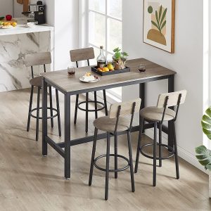 LUCKHAO Bar Table and Chairs Set for 4, 5 Pieces Bistro Pub Table with 4 Stools,PU Upholstered Counter Height Dining Table and Chairs Set for Kitchen,Living Room,Bar,Small Spaces(Grey)