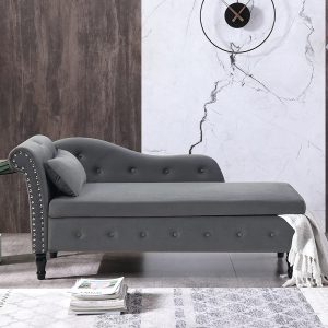 LUCKHAO Chaise Lounge Indoor,Velvet Lounge Chair for Bedroom with Storage & Pillow,Modern Upholstered Rolled Arm Chase Lounge for Sleeping with Nailhead Trim for Living Room Bedroom Office(Grey)