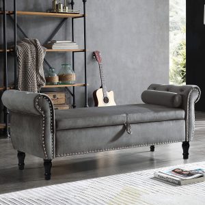 LUCKHAO Storage Bench for Bedroom End of Bed, 63" Long Velvet Tufted Upholstered Storage Ottoman Bench for Bedroom, Rolled Arm Nailhead Trim with Pillow(Grey)